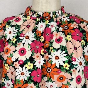 Karlie Floral Poplin Puff Sleeve Top Cotton High Neckline Size L